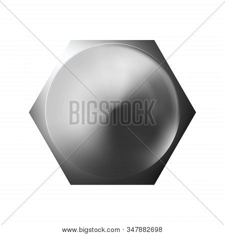 Metal Bolt Head, Shiny Cap. Twisted In Surface Isolated On White Background. Macro Chrome Top View O