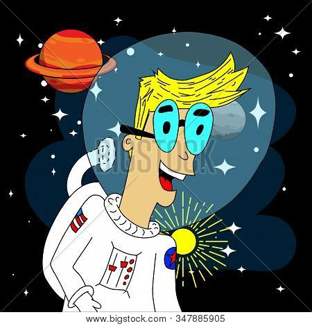 Vector Hand Drawn Illustration Of An Astronaut In Space With Planets And Stars In The Background.