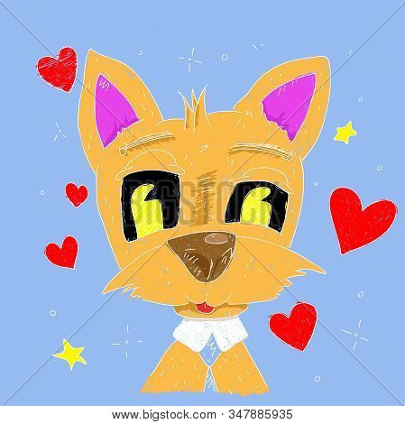 Cute Cat With Hearts And Stars. Valentine's Day Card. Hand Drawn Vector Cartoon Illustration.
