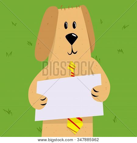 Dog Holding A Blank Banner, Cute Cartoon Pet With White Sign. Vector Cartoon Illustration.