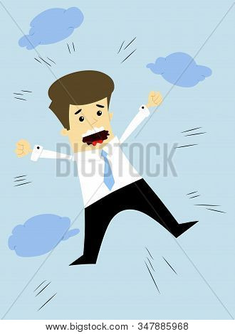 Cartoon Falling Businessman With Clouds On Blue Backgroung. Vector Illustration.