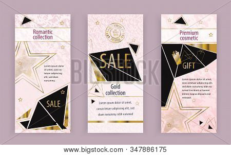 Pink Marble Banners With Pink Black Triangles. Business Modern Banner For 8 March, Wedding, Mothers 