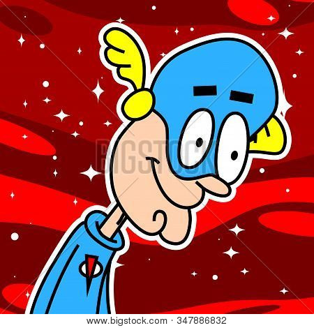 Senior Smiling Superhero In Blue Costume. Vector Retro Style Funny Cartoon Character.