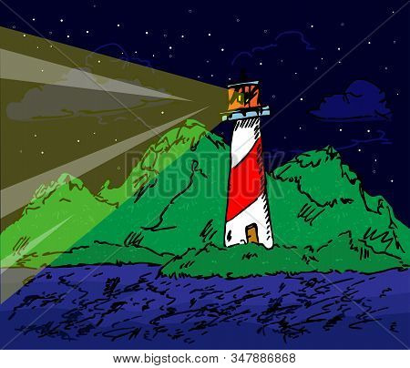 Hand Drawn Vector Doodle Lighthouse. Seascape And Nature Illustration.