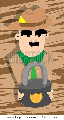 Sheriff Holding A Padlock. Vector Retro Style Cartoon Character.