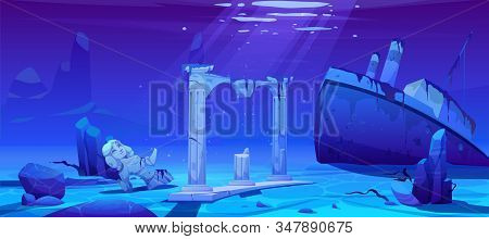 Wreck Ship, Sunken Steamboat Vessel With Pipes On Ocean Sandy Bottom Near Ancient Old Architecture C