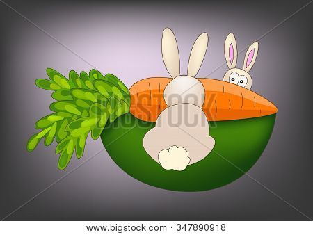 Two Lovely Rabbit With Carrot On A Gray Background