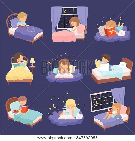Cute Blonde Little Girl Lying On Clouds And Their Beds At Night And Reading Bedtime Stories Collecti