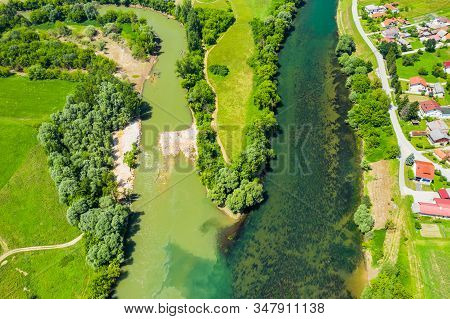 Beautiful Countryside Landscape In Croatia, Confluence Of Korana And Kupa Rivers Between Fields And 