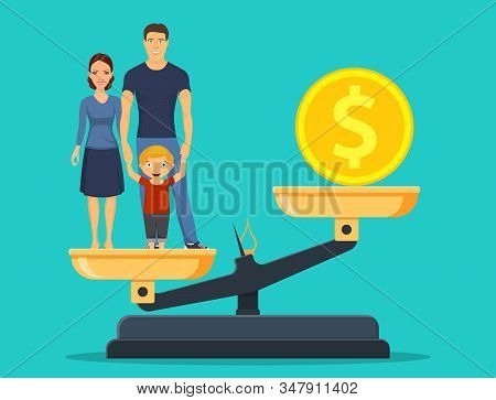 Business And Happy Family With Kids On Scales Concept. Solution Between Work, Money And Family. Work