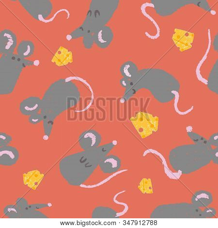 Vector Mouse And Cheese Red Background. Festive Year Of Rat Seamless Pattern