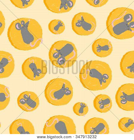Vector Mouse And Cheese Yellow Background. Year Of Rat Seamless Pattern