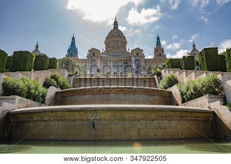 Barcelona, Spain - October, 2019: Walking Barcelona City Streets. View Of National Museum In Barcelo