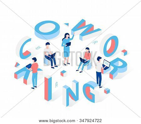 Coworking Isometric Design Concept. Big 3d Letters, Small Office Workers. Teamwork And Brainstorm, C
