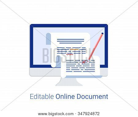 Editable Online Document Concept. Computer Documentation, Easy Editing. Laptop With Writing Letter A