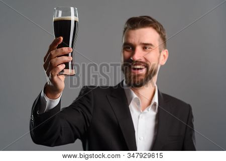 Chef Having Glass Of Beer. Uplifted Mood And Broad Smile Of Well-dressed Man