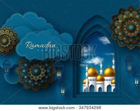 Ramadan Kareem Vector Card With Paper Cut Arabic Window, Clouds And Flowers, Mosque. Blue Traditiona