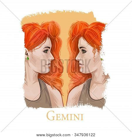 Gemini Woman Isolated Digital Art Illustration. Horoscope Sign, Two Red Haired Fashionable Woman Loo