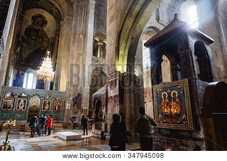 Mccheta, Tibilisi, Georgia - December 18 2019: Svetitskhoveli Cathedral Monastery Indoor. Orthodox C