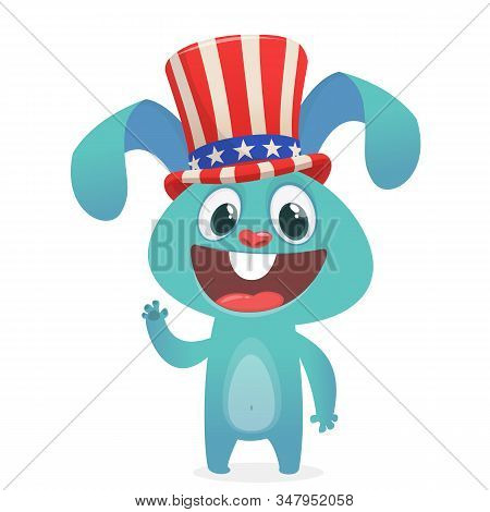 Happy Fourth Of July. Independence Day Of America. Cartoon Rabbit Wearing Uncle Sam Hat.