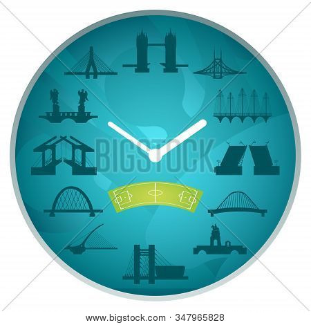 Souvenir Clock With Abstract Sights Of Europe. Bridges And Soccer Field On A Blue Dial. Football Sty