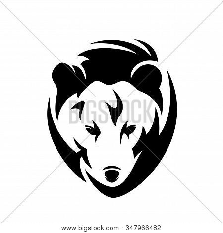 Grizzly Or Brown Bear En Face Head - Black And White Vector Portrait Of Wild Animal