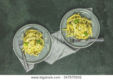 Spaghetti Pasta Bucatini With Pesto Sauce And Parmesan. Italian Traditional Perciatelli Pasta By Gen