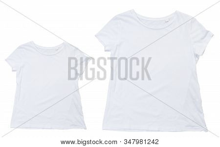 White T-shirt And T-shirt For Teenager Or Baby Mock Up. Collection Of Various T Shirts On White Back