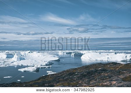 Disko Bay Nearby Of Ilulissat, Greenland. Panoramic Aerial Vew Towards Icefjord With Icebergs And Gl