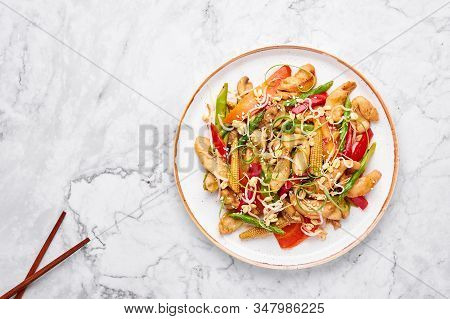 Chicken Chop Suey In White Plate On Marble Background. Chop Suey Is American Chinese Cuisine Dish Wi