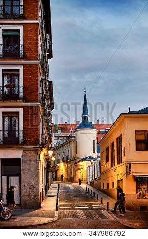 Madrid, Spain - December 12, 2019. Rodas Street Of La Latina Neighborhood With The Tower Of Galerias