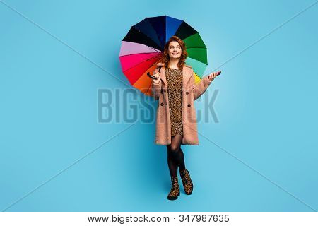 Meterology Say Rainy Weather Concept. Full Size Photo Positive Woman Hold Open Parasol Use Cellphone