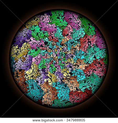 Colorful Pattern In Style Of Gothic Stained Glass Window With Round Frame. Multicolored Spiral Patte