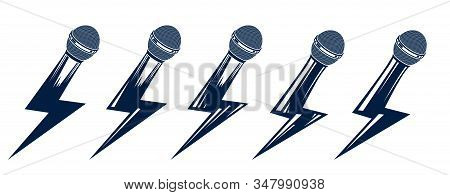 Rap Music Vector Logos Or Emblems Set With Microphone In Shape Of Lightning Bolt, Hot Hip Hop Rhymes