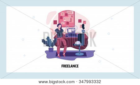 Freelance Work At Home Concept. Freelance Girl Develops Project In Home Office. Cat Sits On A Chair.