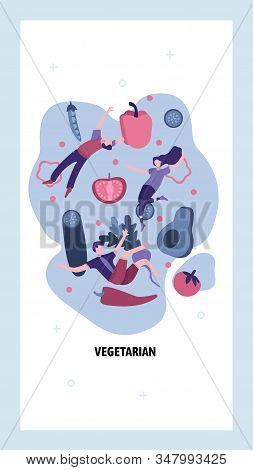 Vegetables And Fruits For Vegetarian Diet. People With Healthy Lifestyle. Vegetarian Food. Vector We