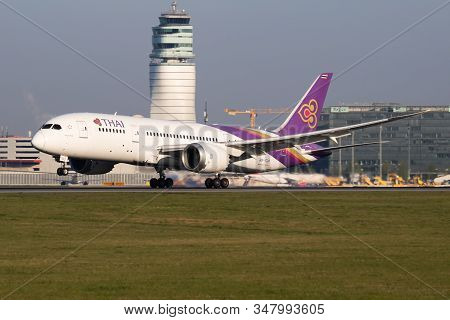 Vienna / Austria - April 18, 2019: Thai Airways Boeing 787-8 Dreamliner Hs-tqa Passenger Plane Arriv