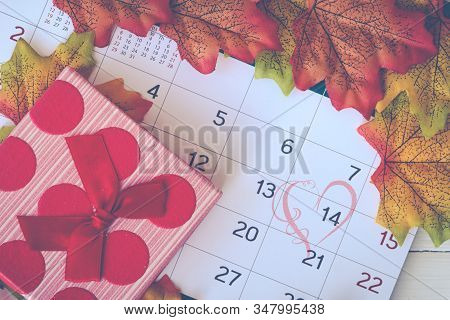 Love Day Concept. Calendar To Remain Valentine's Day With Maple Leaf Background.valentine Day, Febru