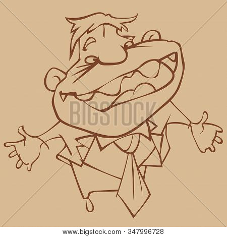 Sketch Of Cartoon Funny Man In Suit Standing Spreading His Arms To The Sides