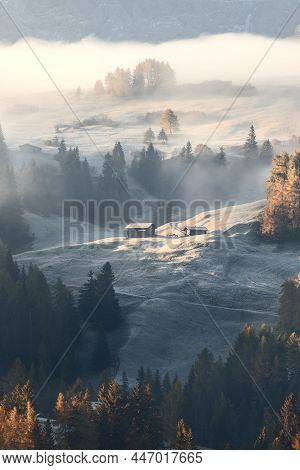 Frosty Autumn Morning On The Slope Of Seiser Alm Plateau. South Tyrol, Italy (vertical Photo)