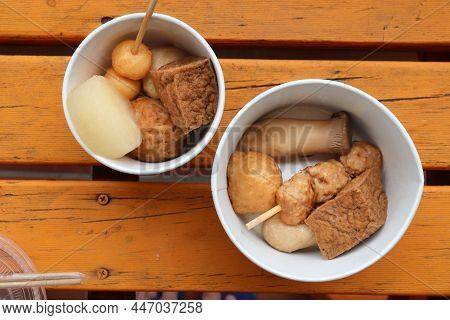 Taiwan Cuisine - Oden Food In Soy Broth. Typical Winter Food With Meatballs, Tofu And Daikon.