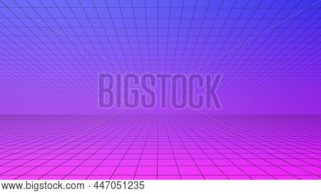 Neon Grid Background. Futuristic Digital Syntwave Colored Lines On A Black Empty Surface Glowing In 