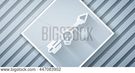 Paper Cut Poison On The Arrow Icon Isolated On Grey Background. Poisoned Arrow. Paper Art Style. Vec