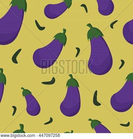Seamless Pattern With Eggplant. Yellow Background. Vector Illustration