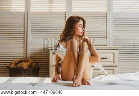 Lamb Girl. Woman With Small Goat. Girl Plays Goatling Yeanling. Animal, Countryside. Friend With Ani