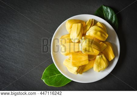 Jackfruit On White Plate On Dark Background, Ripe Jackfruit Peeled Tropical Fruit Fresh From Jackfru