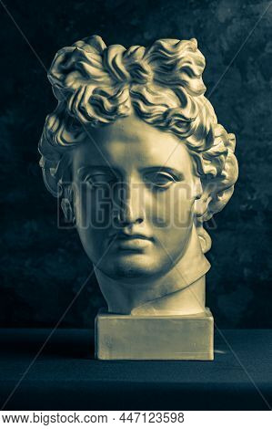 Bronze Color Gypsum Copy Of Ancient Statue Apollo God Of Sun And Poetry Head For Artists On Dark Bac
