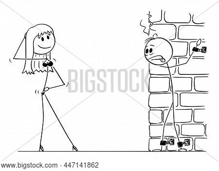 Man Chained To Wall, Sexual Frustration , Vector Cartoon Stick Figure Illustration