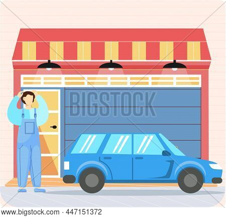Garage With Automatic Gates. Vehicle Storage Space, Room For Cars Inside House. Gates With Lifting M