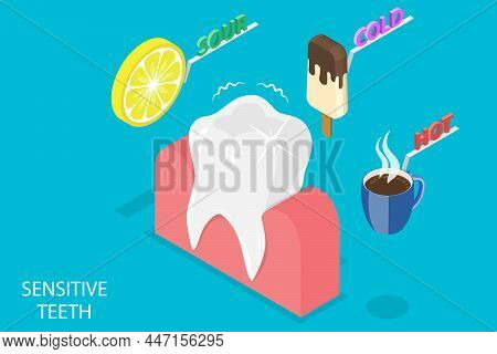 3d Isometric Flat Vector Conceptual Illustration Of Sensitive Teeth To Cold, Sour And Hot, Dental Ca